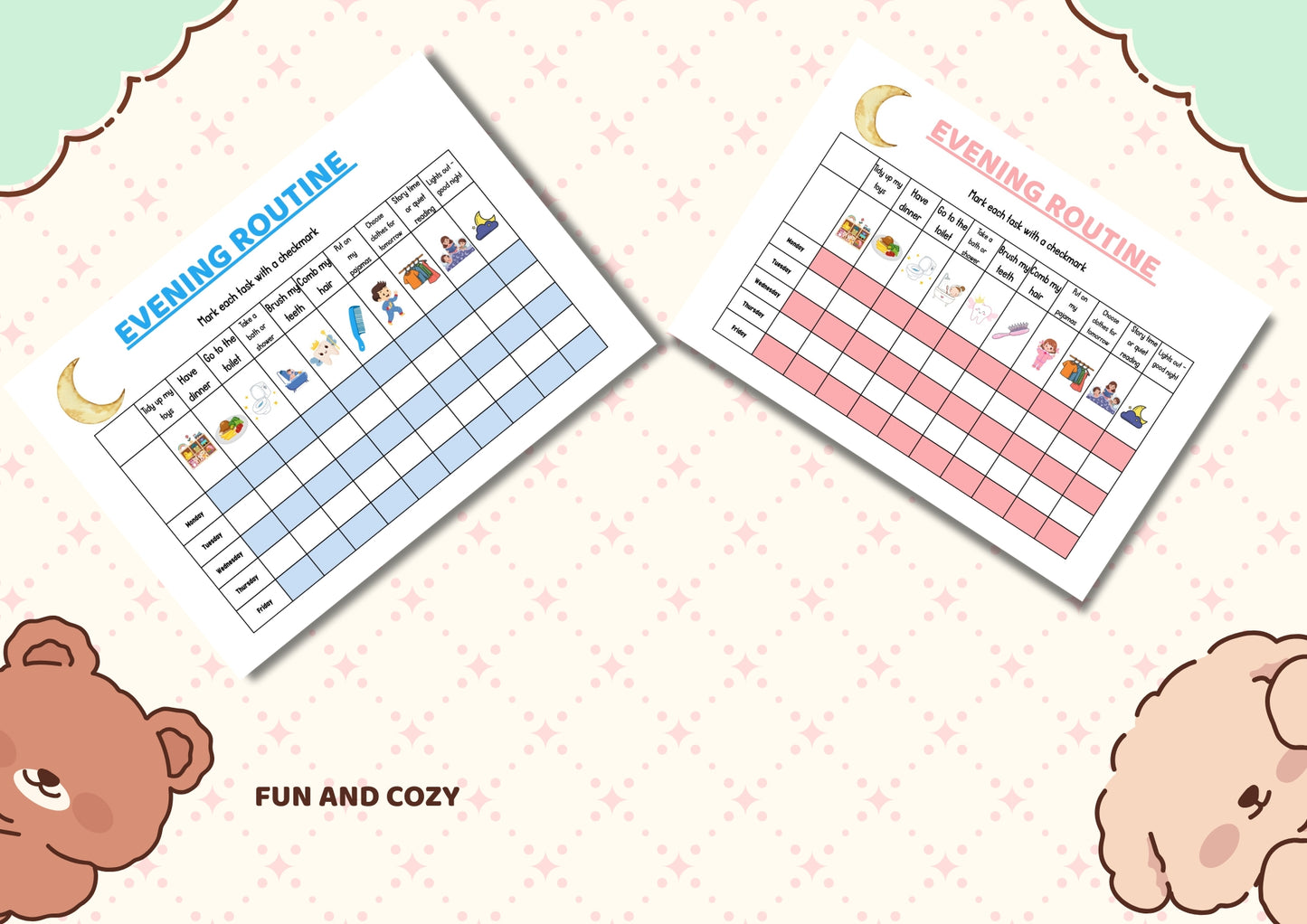 Morning & Bedtime Routine Charts for Kids Weekly Checklist Printable (A4 PDF)
