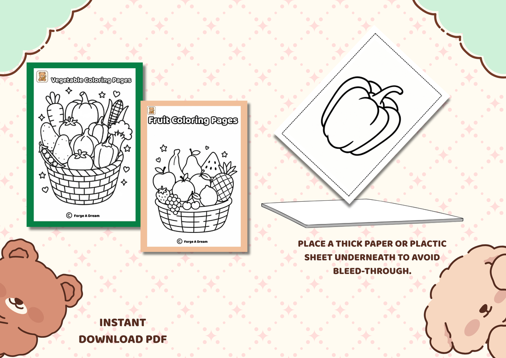 Fruit & Vegetable Coloring Pages Bundle – 20 Simple Pictures for Kids |Printable PDF