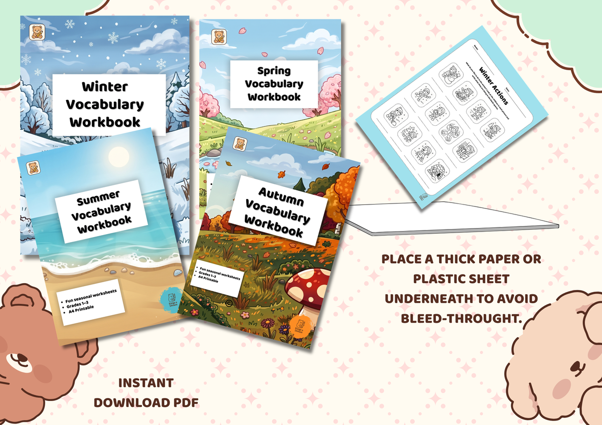 Seasons Vocabulary Workbook Bundle for Kids | Spring, Summer, Autumn & Winter (A4 Printable PDF)