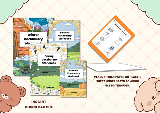Seasons Vocabulary Workbook Bundle for Kids | Spring, Summer, Autumn & Winter (A4 Printable PDF)