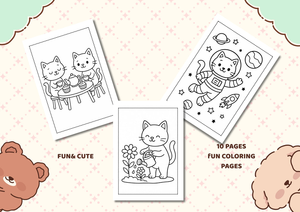 Playful Cats – Kids Coloring Book | Printable PDF (10 Pages)