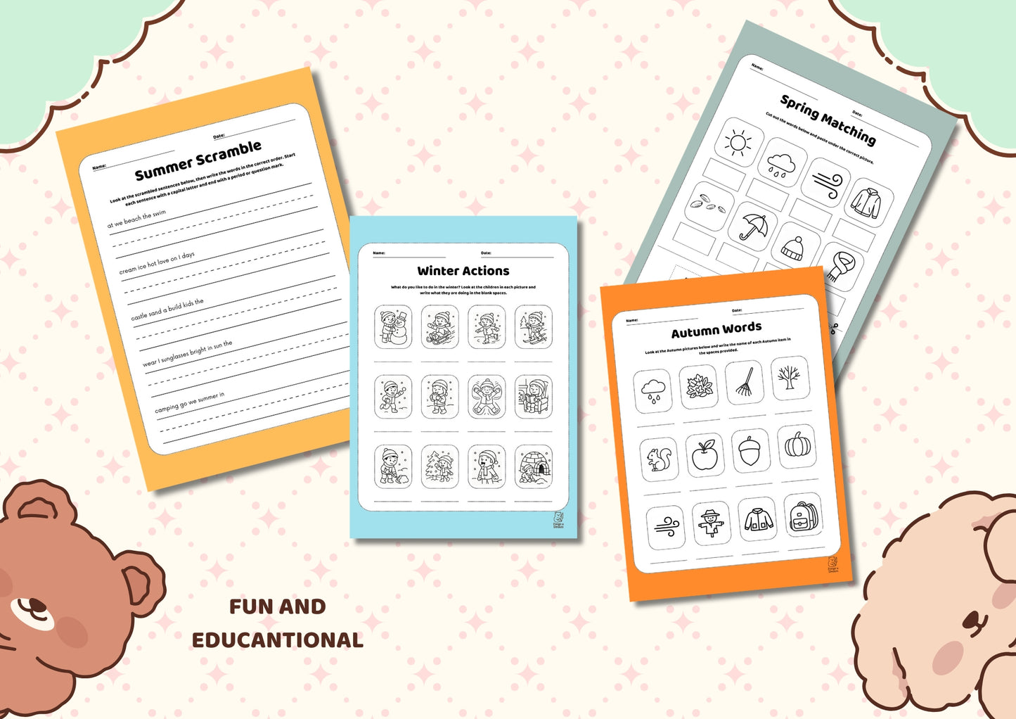 Seasons Vocabulary Workbook Bundle for Kids | Spring, Summer, Autumn & Winter (A4 Printable PDF)