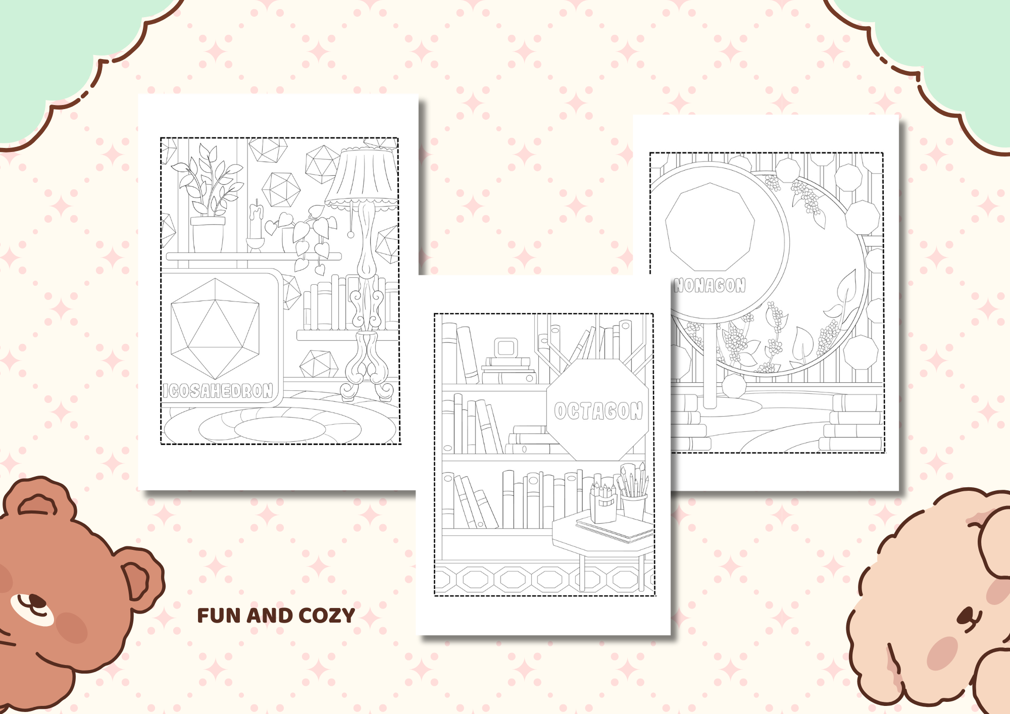 Cozy Geometry Rooms – 2D Shapes Coloring Pages for Kids | Printable PDF