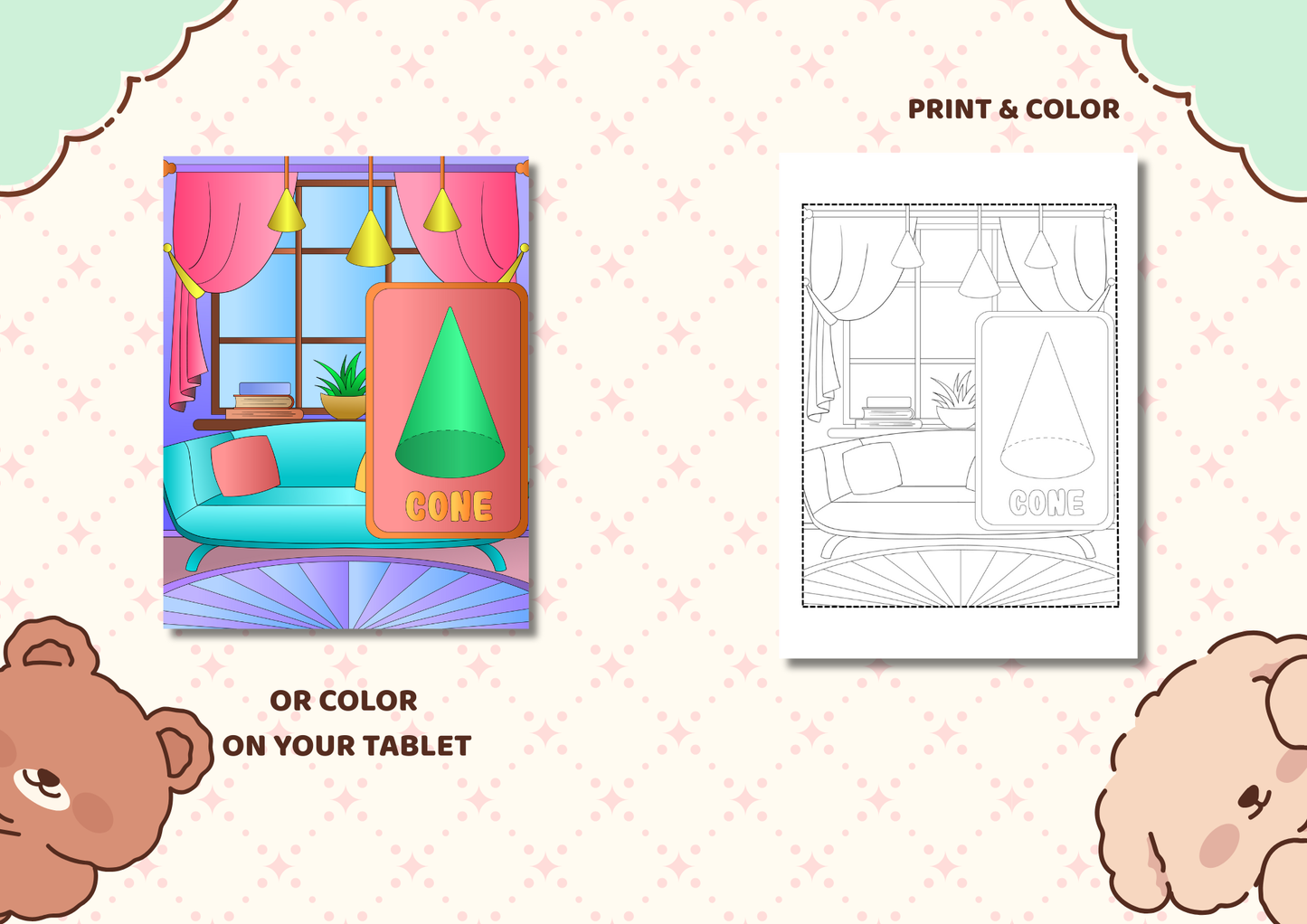 Cozy Geometry Rooms – 2D Shapes Coloring Pages for Kids | Printable PDF