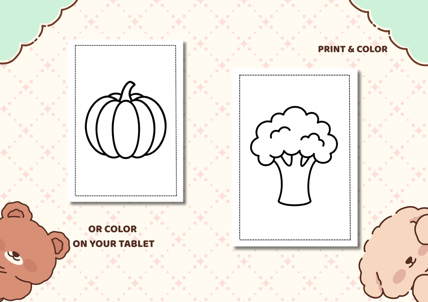 Fruit & Vegetable Coloring Pages Bundle – 20 Simple Pictures for Kids |Printable PDF