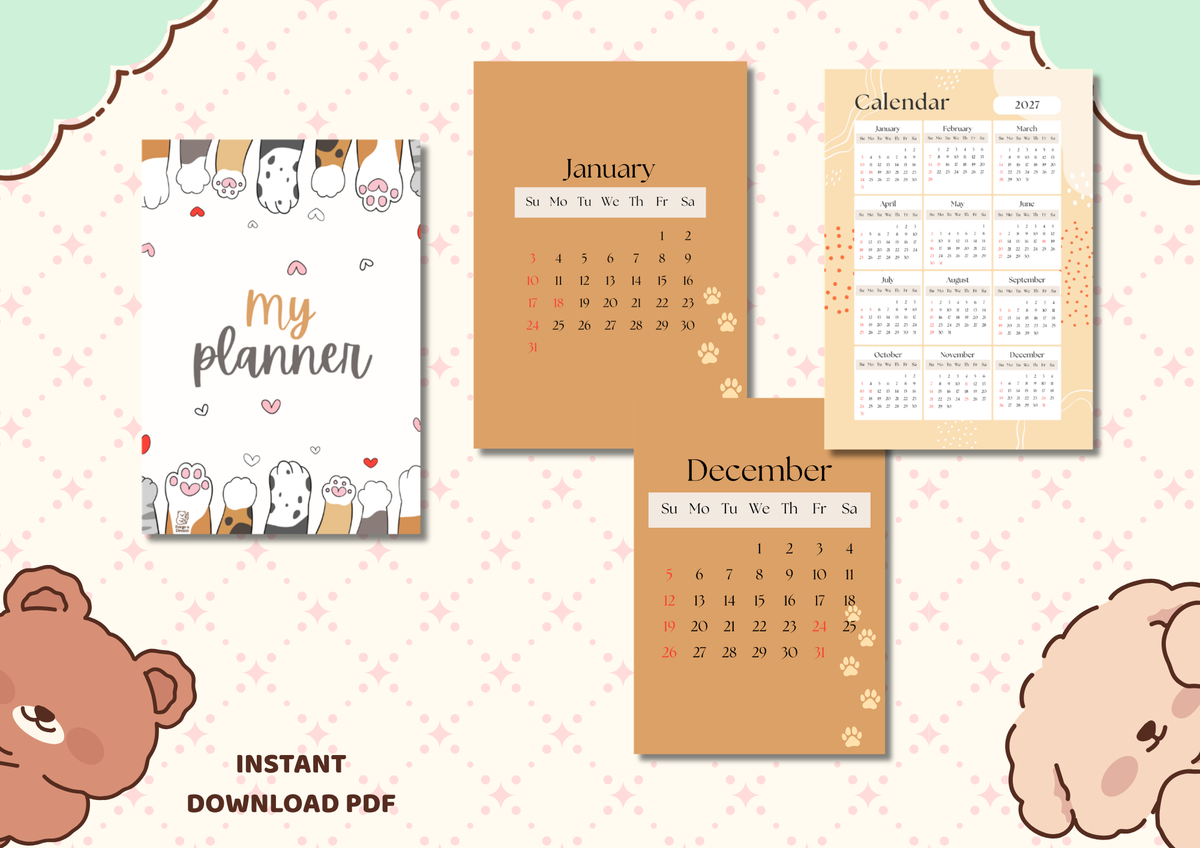 Ginger Paws 2027 Printable Planner & Calendar Bundle | Kawaii Cat Weekly & Monthly Planner (A4)