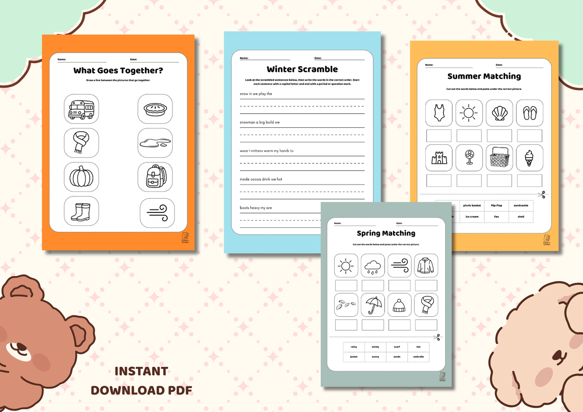 Seasons Vocabulary Workbook Bundle for Kids | Spring, Summer, Autumn & Winter (A4 Printable PDF)